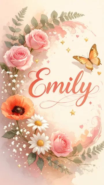 Emily diseño 3 - Elegante composición de rosas rosadas y amapolas naranjas con mariposas doradas brillantes sobre un fondo cálido, romántico y mágico.