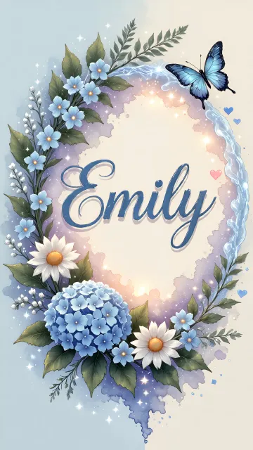 Emily diseño 4 - Composición magica con nombre en letra cursiva azul, rodeado de hortensias azules, margaritas blancas y delicadas flores silvestres, enmarcado por suaves remolinos de agua, mariposas azules y destellos estelares sobre un fondo etéreo y romántico.