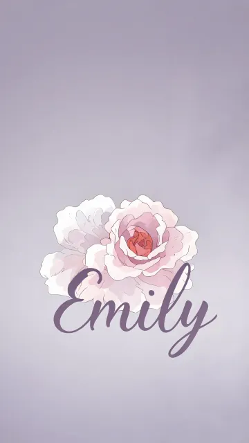 Emily diseño 5 - Nombre en elegante tipografía cursiva caligráfica en tono lavanda, sobre fondo acuarela de cielo nublado en tonos pastel (azul, blanco, lavanda), decorado con rosa en acuarela de pétalos rosa pálido, blanco crema y lilas suaves con hojas en gris-verde.