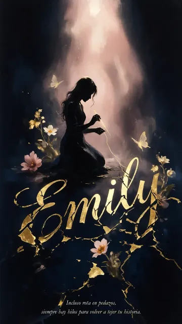 Emily diseño 6 - Composición de ilustración semirrealista cinematográfica con silueta femenina tejiendo un hilo dorado de luz sobre un suelo oscuro fracturado al estilo Kintsugi, donde el nombre resalta en un prominente guión caligráfico dorado que emerge de las grietas, rodeado de flores blancas, mariposas y un fondo degradado de azules profundos iluminado por una luz celestial en tonos melocotón y crema, con una frase de aliento en tipografía blanca en la parte inferior.