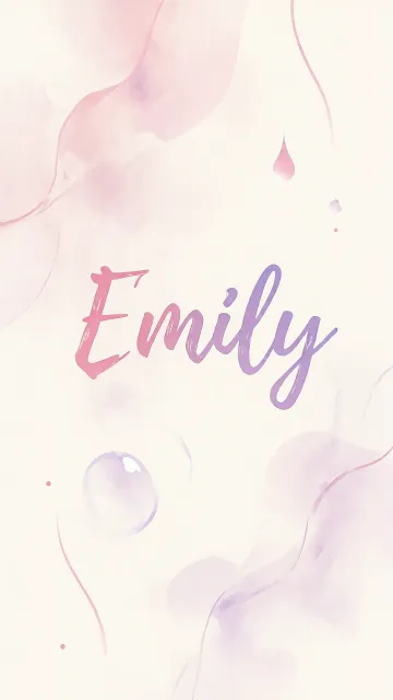 Emily diseño 7 - Diseño abstracto en acuarela sobre fondo crema, con manchas fluidas y etéreas en rosa pastel y lila, líneas curvas que aportan movimiento, pequeñas gotas salpicadas cayendo verticalmente y una burbuja translúcida en la parte superior izquierda. El nombre resalta al centro con una tipografía cursiva amplia y elegante en degradado rosa a morado.