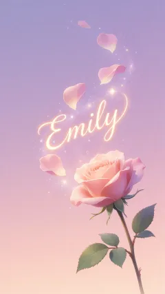 Emily - Fondo de Pantalla con degradado suave que transiciona de lila en la parte superior a melocotón y rosa pastel en la base, destacando una rosa rosada hiperrealista con tallo y hojas verdes. El nombre brilla en tipografía cursiva con efecto neón cálido, adornado con pétalos cayendo y chispas de luz mágica.