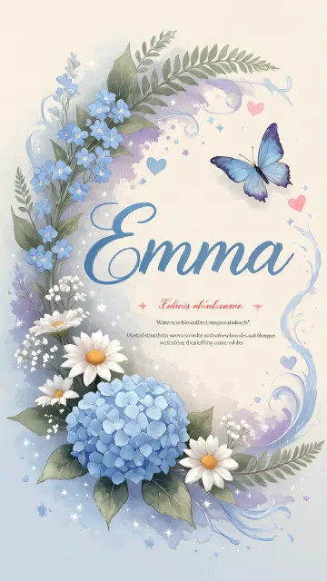 Emma diseño 1 - Hortensias azules, flores pequeñas y acuarela suave con mariposas azules y brillo etéreo