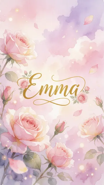 Emma diseño 10 - Diseño estilo acuarela con un fondo etéreo y texturizado en nubes de tonos rosa pastel y lila suave. Presenta composiciones de rosas abiertas y capullos en los bordes inferior y superior, con pétalos cayendo delicadamente. Incorpora destellos de luz cálida (efecto bokeh) y, en el centro, resalta una tipografía elegante, cursiva y fluida en color dorado.
