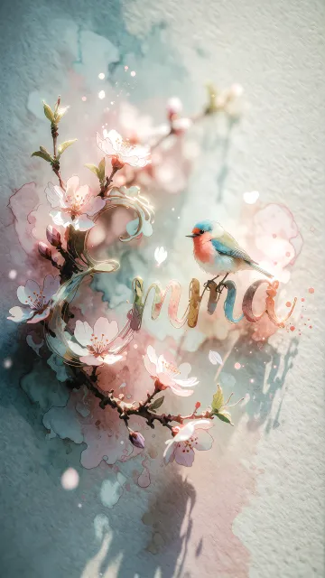 Emma diseño 11 - Un delicado diseño de estilo acuarela digital que combina una tipografía de caligrafía personalizada para el nombre en tonos dorados y rosados suaves, adornada con pequeñas hojas y brotes. Un pajarito azul y naranja vibrante está posado en una de las letras. Todo está rodeado por un marco circular de ramas de cerezo en flor con delicadas flores rosadas y blancas. El fondo es un lavado de acuarela difuminado en tonos pastel suaves de azul cerceta, rosa rubor y melocotón sobre una textura de papel rugoso, con destellos luminosos y motas de luz bokeh flotando alrededor, creando una atmósfera mágica y soñadora. Las sombras suaves proyectadas añaden profundidad.