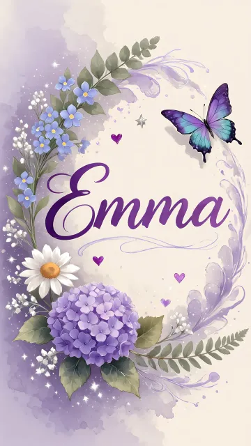 Emma diseño 2 - Diseño elegante de hortensias en tonos lila y morados suaves, con volutas estilizadas y una mariposa mística que aporta un toque etéreo y mágico.