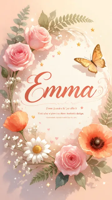 Emma diseño 3 - Elegante composición de rosas rosadas y amapolas naranjas con mariposas doradas brillantes sobre un fondo cálido, romántico y mágico.