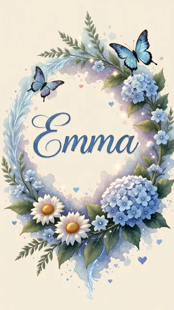Emma diseño 4 - Composición magica con nombre en letra cursiva azul, rodeado de hortensias azules, margaritas blancas y delicadas flores silvestres, enmarcado por suaves remolinos de agua, mariposas azules y destellos estelares sobre un fondo etéreo y romántico.