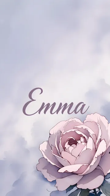 Emma diseño 5 - Nombre en elegante tipografía cursiva caligráfica en tono lavanda, sobre fondo acuarela de cielo nublado en tonos pastel (azul, blanco, lavanda), decorado con rosa en acuarela de pétalos rosa pálido, blanco crema y lilas suaves con hojas en gris-verde.