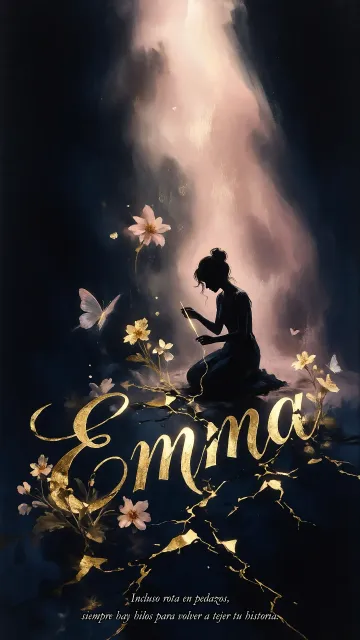 Emma diseño 6 - Composición de ilustración semirrealista cinematográfica con silueta femenina tejiendo un hilo dorado de luz sobre un suelo oscuro fracturado al estilo Kintsugi, donde el nombre resalta en un prominente guión caligráfico dorado que emerge de las grietas, rodeado de flores blancas, mariposas y un fondo degradado de azules profundos iluminado por una luz celestial en tonos melocotón y crema, con una frase de aliento en tipografía blanca en la parte inferior.