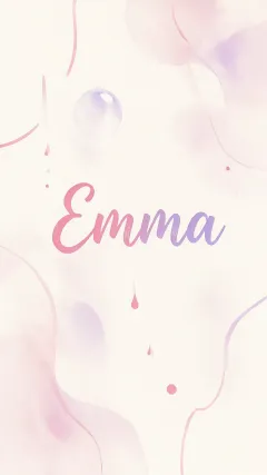 Emma - Diseño abstracto en acuarela sobre fondo crema, con manchas fluidas y etéreas en rosa pastel y lila, líneas curvas que aportan movimiento, pequeñas gotas salpicadas cayendo verticalmente y una burbuja translúcida en la parte superior izquierda. El nombre resalta al centro con una tipografía cursiva amplia y elegante en degradado rosa a morado.