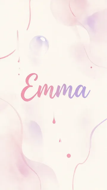 Emma diseño 7 - Diseño abstracto en acuarela sobre fondo crema, con manchas fluidas y etéreas en rosa pastel y lila, líneas curvas que aportan movimiento, pequeñas gotas salpicadas cayendo verticalmente y una burbuja translúcida en la parte superior izquierda. El nombre resalta al centro con una tipografía cursiva amplia y elegante en degradado rosa a morado.
