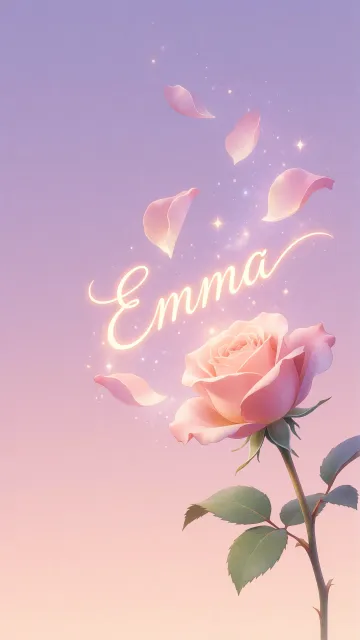 Emma diseño 8 - Fondo de Pantalla con degradado suave que transiciona de lila en la parte superior a melocotón y rosa pastel en la base, destacando una rosa rosada hiperrealista con tallo y hojas verdes. El nombre brilla en tipografía cursiva con efecto neón cálido, adornado con pétalos cayendo y chispas de luz mágica.