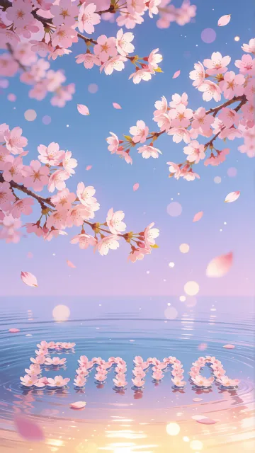 Emma diseño 9 - Composición serena y onírica con ramas de cerezo en flor (sakura) en la parte superior contra un cielo en degradado de azul suave y lila. Pétalos de color rosa pastel flotan delicadamente en el aire cayendo hacia una superficie de agua tranquila y cristalina. En el centro inferior, el nombre está formado por pétalos de flores con un sutil efecto de relieve 3D y tipografía floral, reflejándose sobre el agua que está iluminada por un cálido destello dorado de luz solar en la esquina inferior derecha.