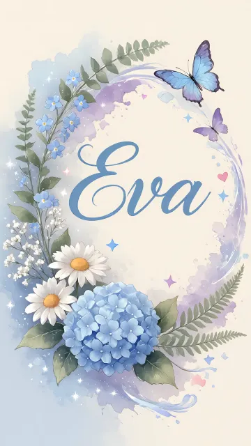 Eva diseño 1 - Hortensias azules, flores pequeñas y acuarela suave con mariposas azules y brillo etéreo