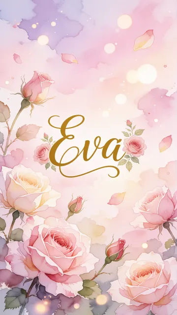Eva diseño 10 - Diseño estilo acuarela con un fondo etéreo y texturizado en nubes de tonos rosa pastel y lila suave. Presenta composiciones de rosas abiertas y capullos en los bordes inferior y superior, con pétalos cayendo delicadamente. Incorpora destellos de luz cálida (efecto bokeh) y, en el centro, resalta una tipografía elegante, cursiva y fluida en color dorado.