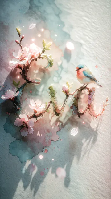 Eva diseño 11 - Un delicado diseño de estilo acuarela digital que combina una tipografía de caligrafía personalizada para el nombre en tonos dorados y rosados suaves, adornada con pequeñas hojas y brotes. Un pajarito azul y naranja vibrante está posado en una de las letras. Todo está rodeado por un marco circular de ramas de cerezo en flor con delicadas flores rosadas y blancas. El fondo es un lavado de acuarela difuminado en tonos pastel suaves de azul cerceta, rosa rubor y melocotón sobre una textura de papel rugoso, con destellos luminosos y motas de luz bokeh flotando alrededor, creando una atmósfera mágica y soñadora. Las sombras suaves proyectadas añaden profundidad.