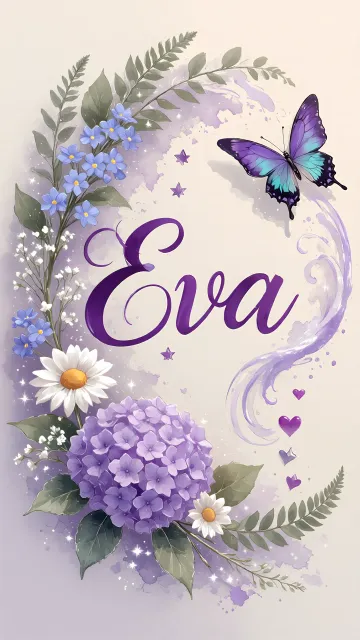 Eva diseño 2 - Diseño elegante de hortensias en tonos lila y morados suaves, con volutas estilizadas y una mariposa mística que aporta un toque etéreo y mágico.