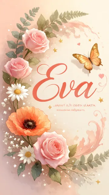 Eva diseño 3 - Elegante composición de rosas rosadas y amapolas naranjas con mariposas doradas brillantes sobre un fondo cálido, romántico y mágico.