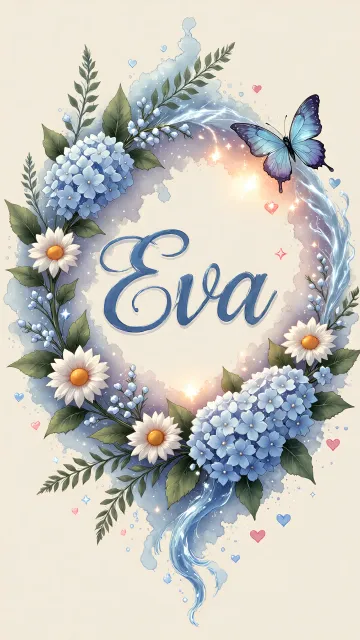 Eva diseño 4 - Composición magica con nombre en letra cursiva azul, rodeado de hortensias azules, margaritas blancas y delicadas flores silvestres, enmarcado por suaves remolinos de agua, mariposas azules y destellos estelares sobre un fondo etéreo y romántico.