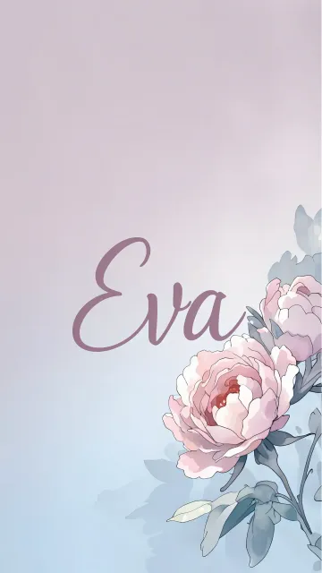 Eva diseño 5 - Nombre en elegante tipografía cursiva caligráfica en tono lavanda, sobre fondo acuarela de cielo nublado en tonos pastel (azul, blanco, lavanda), decorado con rosa en acuarela de pétalos rosa pálido, blanco crema y lilas suaves con hojas en gris-verde.
