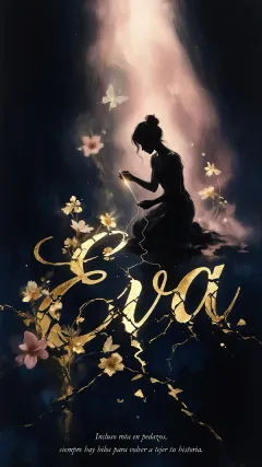 Eva - Composición de ilustración semirrealista cinematográfica con silueta femenina tejiendo un hilo dorado de luz sobre un suelo oscuro fracturado al estilo Kintsugi, donde el nombre resalta en un prominente guión caligráfico dorado que emerge de las grietas, rodeado de flores blancas, mariposas y un fondo degradado de azules profundos iluminado por una luz celestial en tonos melocotón y crema, con una frase de aliento en tipografía blanca en la parte inferior.