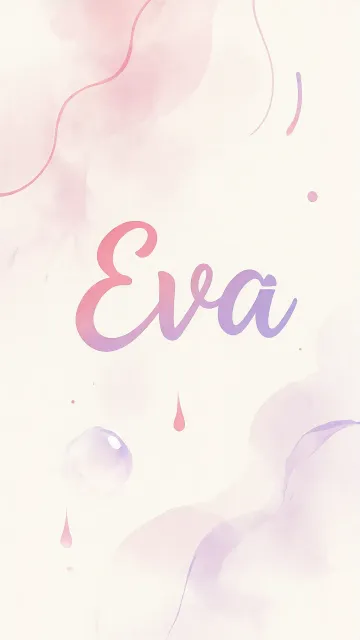 Eva diseño 7 - Diseño abstracto en acuarela sobre fondo crema, con manchas fluidas y etéreas en rosa pastel y lila, líneas curvas que aportan movimiento, pequeñas gotas salpicadas cayendo verticalmente y una burbuja translúcida en la parte superior izquierda. El nombre resalta al centro con una tipografía cursiva amplia y elegante en degradado rosa a morado.