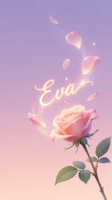 Eva diseño 8 - Fondo de Pantalla con degradado suave que transiciona de lila en la parte superior a melocotón y rosa pastel en la base, destacando una rosa rosada hiperrealista con tallo y hojas verdes. El nombre brilla en tipografía cursiva con efecto neón cálido, adornado con pétalos cayendo y chispas de luz mágica.