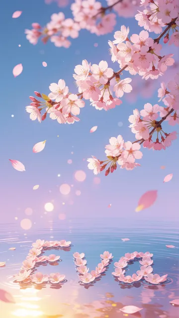 Eva diseño 9 - Composición serena y onírica con ramas de cerezo en flor (sakura) en la parte superior contra un cielo en degradado de azul suave y lila. Pétalos de color rosa pastel flotan delicadamente en el aire cayendo hacia una superficie de agua tranquila y cristalina. En el centro inferior, el nombre está formado por pétalos de flores con un sutil efecto de relieve 3D y tipografía floral, reflejándose sobre el agua que está iluminada por un cálido destello dorado de luz solar en la esquina inferior derecha.