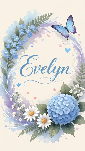 Evelyn diseño 1 - Hortensias azules, flores pequeñas y acuarela suave con mariposas azules y brillo etéreo