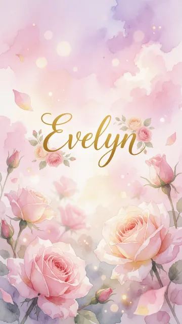 Evelyn diseño 10 - Diseño estilo acuarela con un fondo etéreo y texturizado en nubes de tonos rosa pastel y lila suave. Presenta composiciones de rosas abiertas y capullos en los bordes inferior y superior, con pétalos cayendo delicadamente. Incorpora destellos de luz cálida (efecto bokeh) y, en el centro, resalta una tipografía elegante, cursiva y fluida en color dorado.