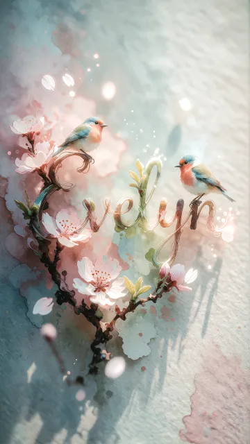 Evelyn diseño 11 - Un delicado diseño de estilo acuarela digital que combina una tipografía de caligrafía personalizada para el nombre en tonos dorados y rosados suaves, adornada con pequeñas hojas y brotes. Un pajarito azul y naranja vibrante está posado en una de las letras. Todo está rodeado por un marco circular de ramas de cerezo en flor con delicadas flores rosadas y blancas. El fondo es un lavado de acuarela difuminado en tonos pastel suaves de azul cerceta, rosa rubor y melocotón sobre una textura de papel rugoso, con destellos luminosos y motas de luz bokeh flotando alrededor, creando una atmósfera mágica y soñadora. Las sombras suaves proyectadas añaden profundidad.