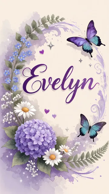 Evelyn diseño 2 - Diseño elegante de hortensias en tonos lila y morados suaves, con volutas estilizadas y una mariposa mística que aporta un toque etéreo y mágico.
