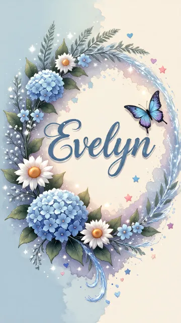 Evelyn diseño 4 - Composición magica con nombre en letra cursiva azul, rodeado de hortensias azules, margaritas blancas y delicadas flores silvestres, enmarcado por suaves remolinos de agua, mariposas azules y destellos estelares sobre un fondo etéreo y romántico.