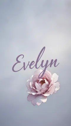 Evelyn - Nombre en elegante tipografía cursiva caligráfica en tono lavanda, sobre fondo acuarela de cielo nublado en tonos pastel (azul, blanco, lavanda), decorado con rosa en acuarela de pétalos rosa pálido, blanco crema y lilas suaves con hojas en gris-verde.
