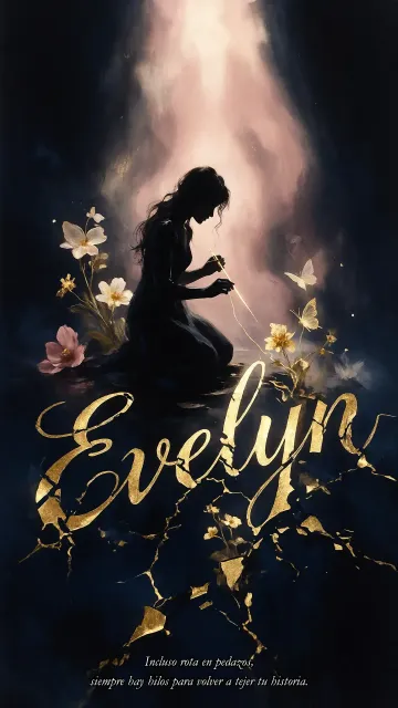 Evelyn diseño 6 - Composición de ilustración semirrealista cinematográfica con silueta femenina tejiendo un hilo dorado de luz sobre un suelo oscuro fracturado al estilo Kintsugi, donde el nombre resalta en un prominente guión caligráfico dorado que emerge de las grietas, rodeado de flores blancas, mariposas y un fondo degradado de azules profundos iluminado por una luz celestial en tonos melocotón y crema, con una frase de aliento en tipografía blanca en la parte inferior.