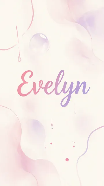 Evelyn diseño 7 - Diseño abstracto en acuarela sobre fondo crema, con manchas fluidas y etéreas en rosa pastel y lila, líneas curvas que aportan movimiento, pequeñas gotas salpicadas cayendo verticalmente y una burbuja translúcida en la parte superior izquierda. El nombre resalta al centro con una tipografía cursiva amplia y elegante en degradado rosa a morado.