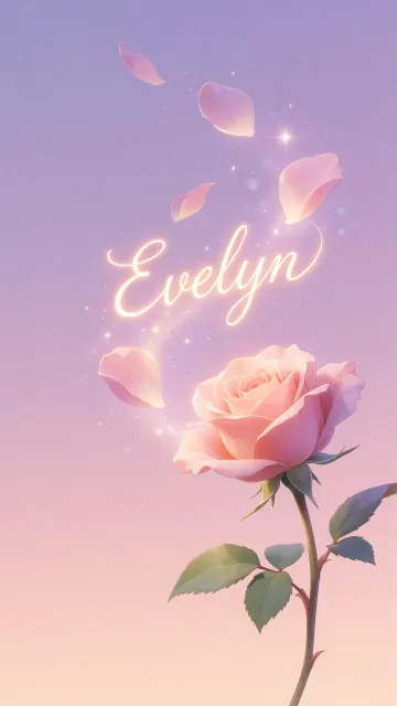 Evelyn diseño 8 - Fondo de Pantalla con degradado suave que transiciona de lila en la parte superior a melocotón y rosa pastel en la base, destacando una rosa rosada hiperrealista con tallo y hojas verdes. El nombre brilla en tipografía cursiva con efecto neón cálido, adornado con pétalos cayendo y chispas de luz mágica.