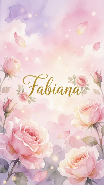 Fabiana diseño 10 - Diseño estilo acuarela con un fondo etéreo y texturizado en nubes de tonos rosa pastel y lila suave. Presenta composiciones de rosas abiertas y capullos en los bordes inferior y superior, con pétalos cayendo delicadamente. Incorpora destellos de luz cálida (efecto bokeh) y, en el centro, resalta una tipografía elegante, cursiva y fluida en color dorado.