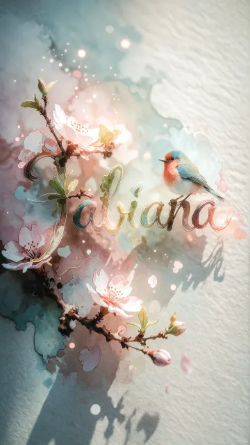 Fabiana diseño 11 - Un delicado diseño de estilo acuarela digital que combina una tipografía de caligrafía personalizada para el nombre en tonos dorados y rosados suaves, adornada con pequeñas hojas y brotes. Un pajarito azul y naranja vibrante está posado en una de las letras. Todo está rodeado por un marco circular de ramas de cerezo en flor con delicadas flores rosadas y blancas. El fondo es un lavado de acuarela difuminado en tonos pastel suaves de azul cerceta, rosa rubor y melocotón sobre una textura de papel rugoso, con destellos luminosos y motas de luz bokeh flotando alrededor, creando una atmósfera mágica y soñadora. Las sombras suaves proyectadas añaden profundidad.