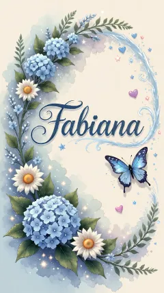 Fabiana - Composición magica con nombre en letra cursiva azul, rodeado de hortensias azules, margaritas blancas y delicadas flores silvestres, enmarcado por suaves remolinos de agua, mariposas azules y destellos estelares sobre un fondo etéreo y romántico.