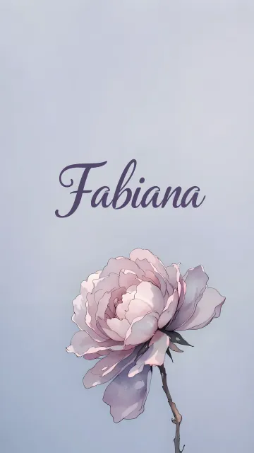 Fabiana diseño 5 - Nombre en elegante tipografía cursiva caligráfica en tono lavanda, sobre fondo acuarela de cielo nublado en tonos pastel (azul, blanco, lavanda), decorado con rosa en acuarela de pétalos rosa pálido, blanco crema y lilas suaves con hojas en gris-verde.
