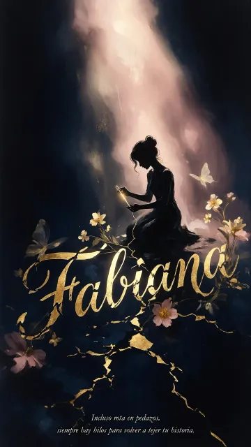 Fabiana diseño 6 - Composición de ilustración semirrealista cinematográfica con silueta femenina tejiendo un hilo dorado de luz sobre un suelo oscuro fracturado al estilo Kintsugi, donde el nombre resalta en un prominente guión caligráfico dorado que emerge de las grietas, rodeado de flores blancas, mariposas y un fondo degradado de azules profundos iluminado por una luz celestial en tonos melocotón y crema, con una frase de aliento en tipografía blanca en la parte inferior.