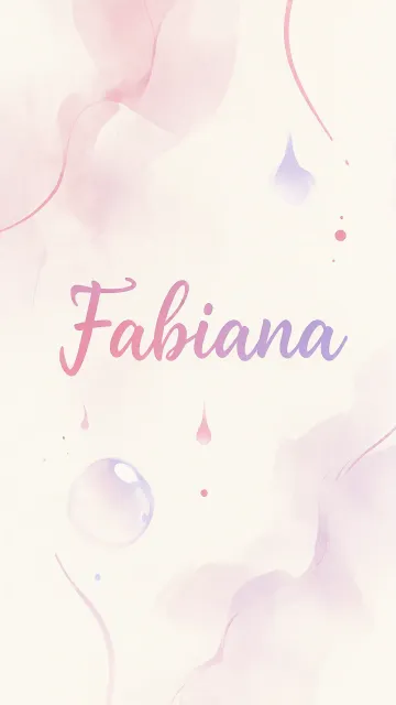 Fabiana diseño 7 - Diseño abstracto en acuarela sobre fondo crema, con manchas fluidas y etéreas en rosa pastel y lila, líneas curvas que aportan movimiento, pequeñas gotas salpicadas cayendo verticalmente y una burbuja translúcida en la parte superior izquierda. El nombre resalta al centro con una tipografía cursiva amplia y elegante en degradado rosa a morado.