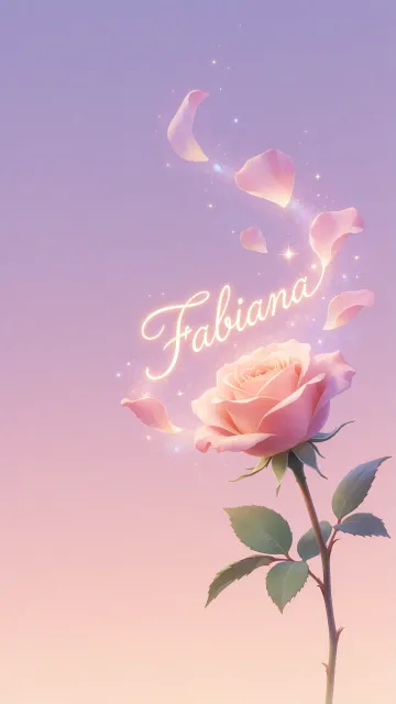 Fabiana diseño 8 - Fondo de Pantalla con degradado suave que transiciona de lila en la parte superior a melocotón y rosa pastel en la base, destacando una rosa rosada hiperrealista con tallo y hojas verdes. El nombre brilla en tipografía cursiva con efecto neón cálido, adornado con pétalos cayendo y chispas de luz mágica.