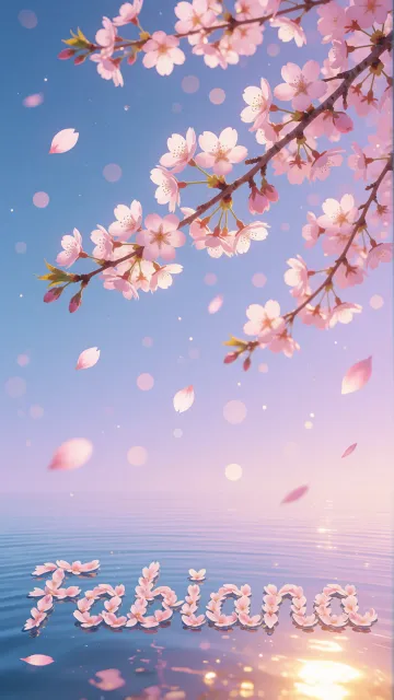 Fabiana diseño 9 - Composición serena y onírica con ramas de cerezo en flor (sakura) en la parte superior contra un cielo en degradado de azul suave y lila. Pétalos de color rosa pastel flotan delicadamente en el aire cayendo hacia una superficie de agua tranquila y cristalina. En el centro inferior, el nombre está formado por pétalos de flores con un sutil efecto de relieve 3D y tipografía floral, reflejándose sobre el agua que está iluminada por un cálido destello dorado de luz solar en la esquina inferior derecha.