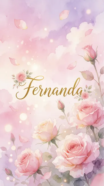 Fernanda diseño 10 - Diseño estilo acuarela con un fondo etéreo y texturizado en nubes de tonos rosa pastel y lila suave. Presenta composiciones de rosas abiertas y capullos en los bordes inferior y superior, con pétalos cayendo delicadamente. Incorpora destellos de luz cálida (efecto bokeh) y, en el centro, resalta una tipografía elegante, cursiva y fluida en color dorado.