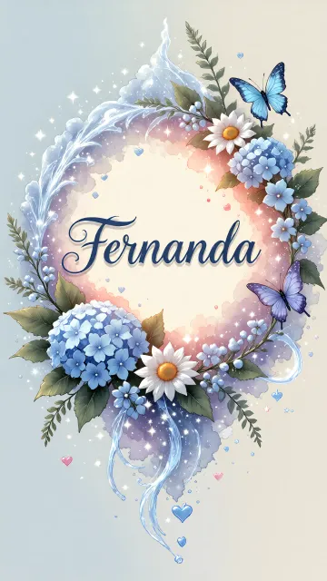 Fernanda diseño 4 - Composición magica con nombre en letra cursiva azul, rodeado de hortensias azules, margaritas blancas y delicadas flores silvestres, enmarcado por suaves remolinos de agua, mariposas azules y destellos estelares sobre un fondo etéreo y romántico.