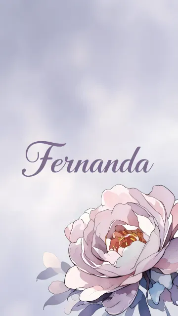 Fernanda diseño 5 - Nombre en elegante tipografía cursiva caligráfica en tono lavanda, sobre fondo acuarela de cielo nublado en tonos pastel (azul, blanco, lavanda), decorado con rosa en acuarela de pétalos rosa pálido, blanco crema y lilas suaves con hojas en gris-verde.
