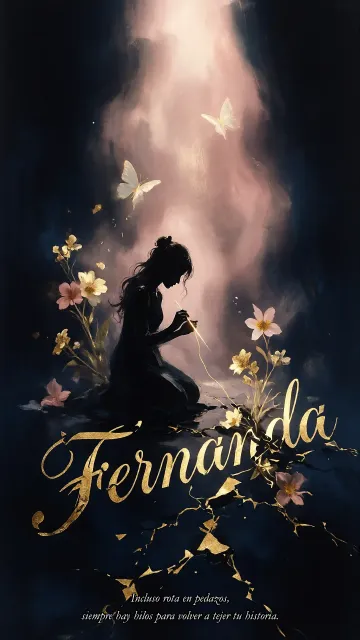 Fernanda diseño 6 - Composición de ilustración semirrealista cinematográfica con silueta femenina tejiendo un hilo dorado de luz sobre un suelo oscuro fracturado al estilo Kintsugi, donde el nombre resalta en un prominente guión caligráfico dorado que emerge de las grietas, rodeado de flores blancas, mariposas y un fondo degradado de azules profundos iluminado por una luz celestial en tonos melocotón y crema, con una frase de aliento en tipografía blanca en la parte inferior.